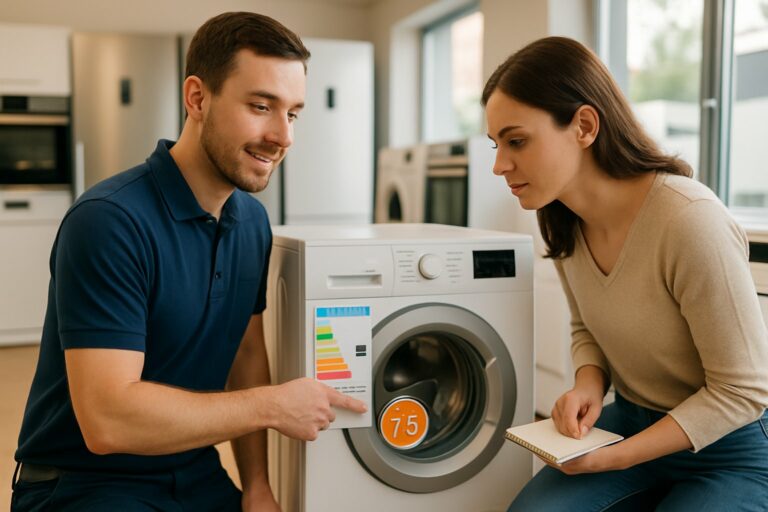Technicien expliquant l'indice de réparabilité d'un lave-linge à une cliente en magasin