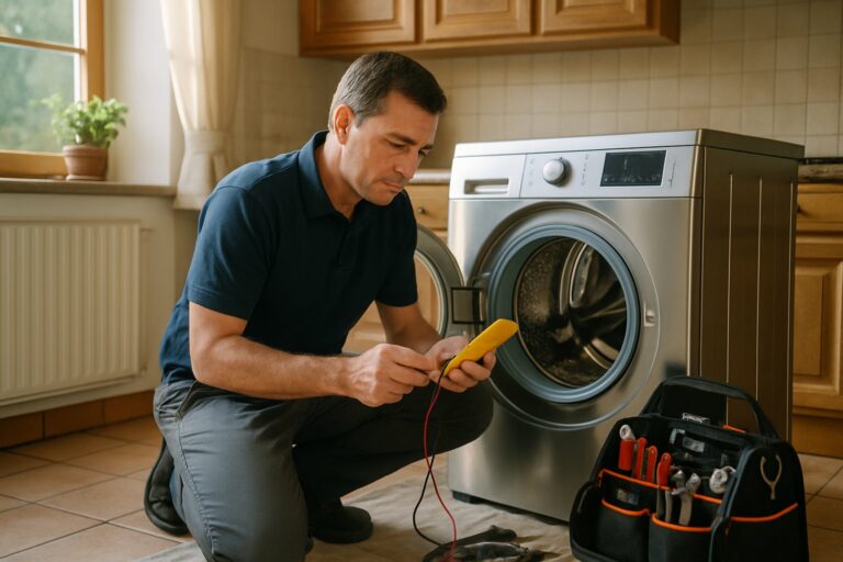 Technicien effectuant un diagnostic électroménager sur un lave-linge à Missillac