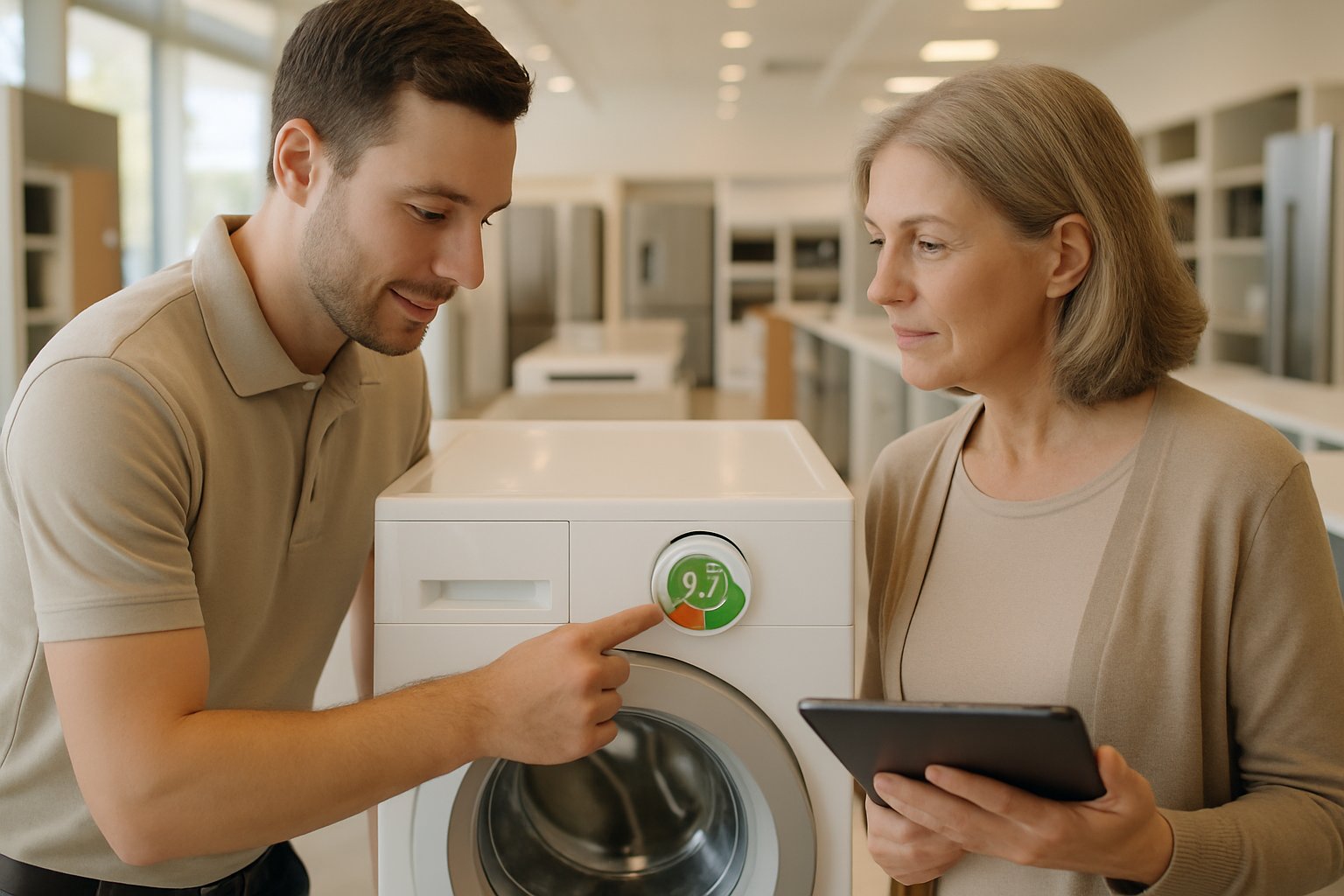 Note d'indice de réparabilité 9,7 affichée sur un lave-linge en magasin