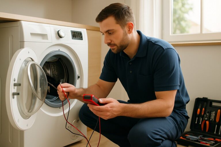 Technicien électroménager testant un lave-linge en panne avec un multimètre