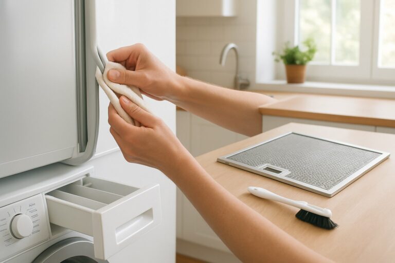 Nettoyage du joint de porte d'un réfrigérateur avec un chiffon lors de l'entretien saisonnier de l'électroménager